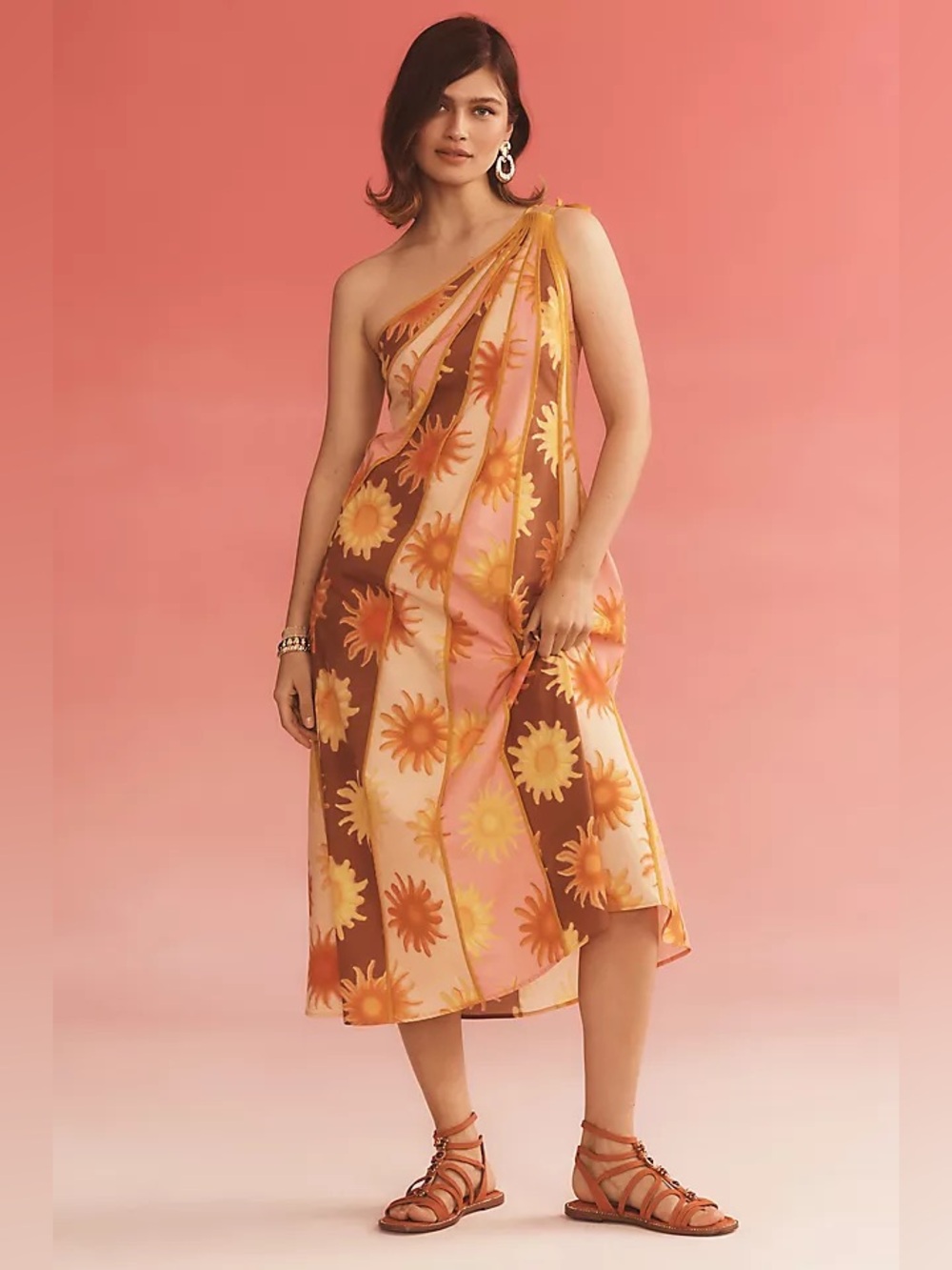 Farm Rio Anthro One Shoulder Sunburst Seamed A-line Midi Dress Large Petite